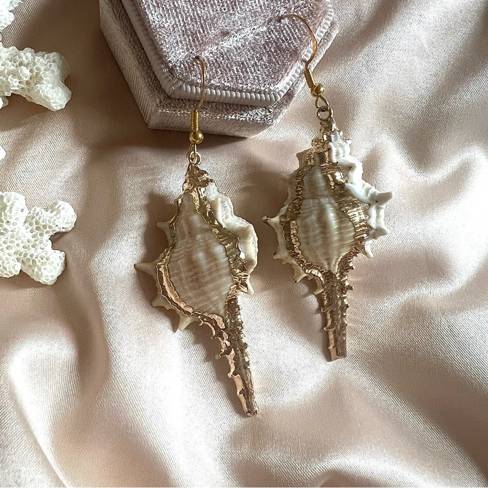 Sea Snail Shell Gold Plated Hook Earrings - Picture 5 of 9